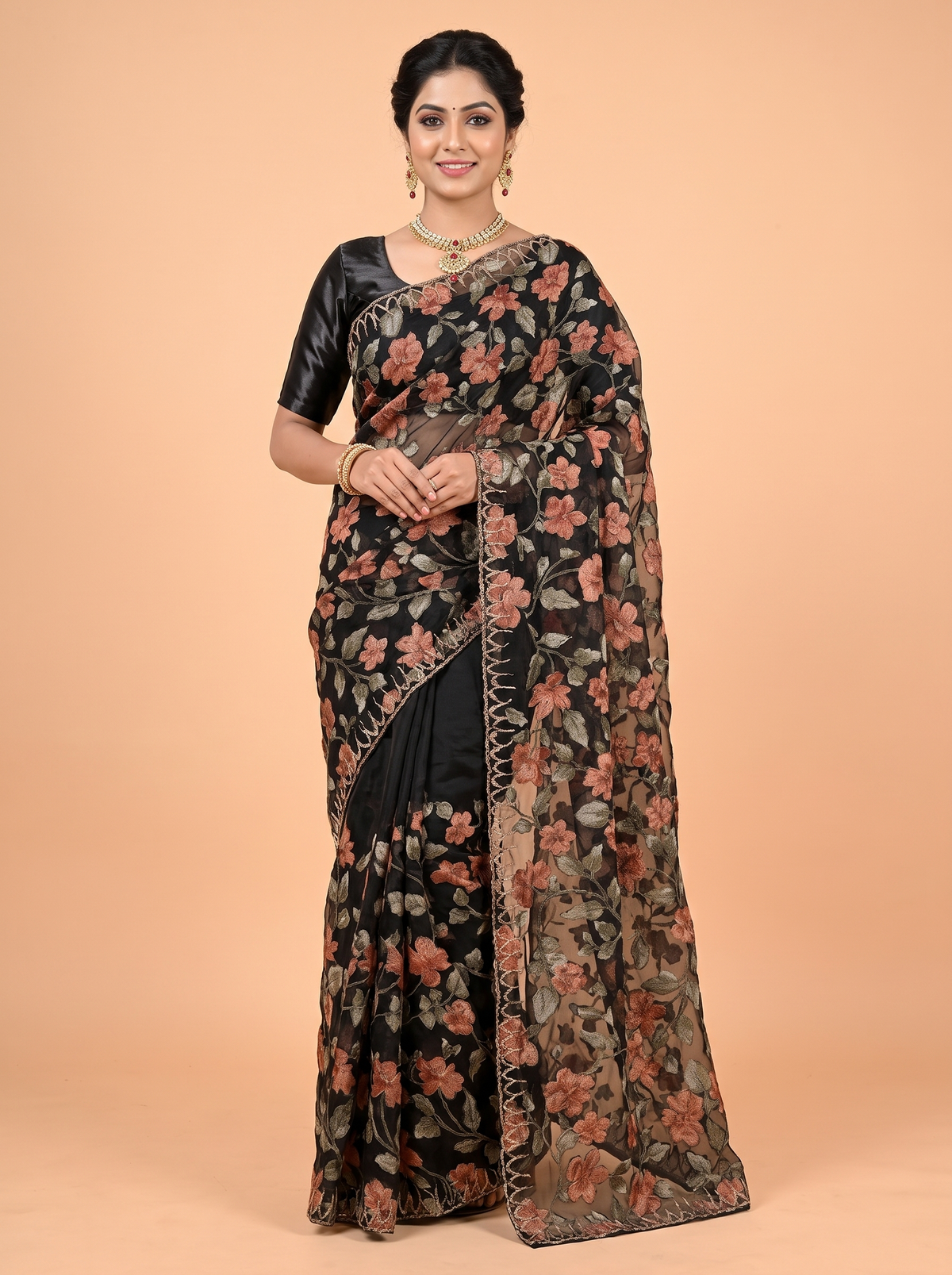 Black Satin Fancy Saree with Brasso Print with Metallic Floral Motifs