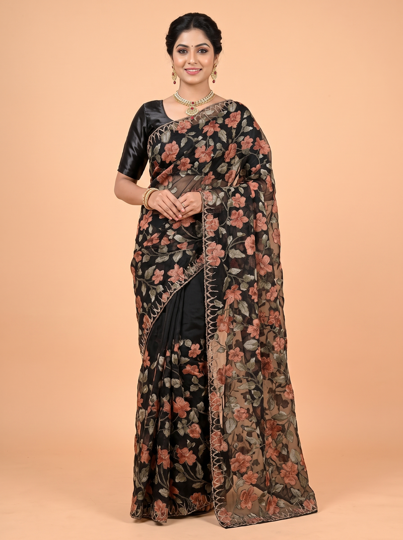 Black Satin Fancy Saree with Brasso Print with Metallic Floral Motifs