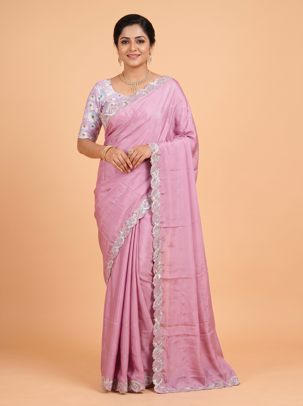 Mauve Pink Satin Fancy Saree with Stone-Studded Border Design