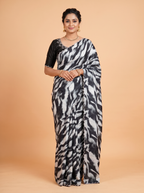 Black Satin Fancy Saree with Abstract Ripple and White Blossom Print