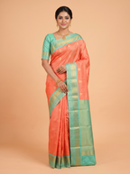 Coral Pink Bangalore Semi Silk Saree with Geometric Panel Border