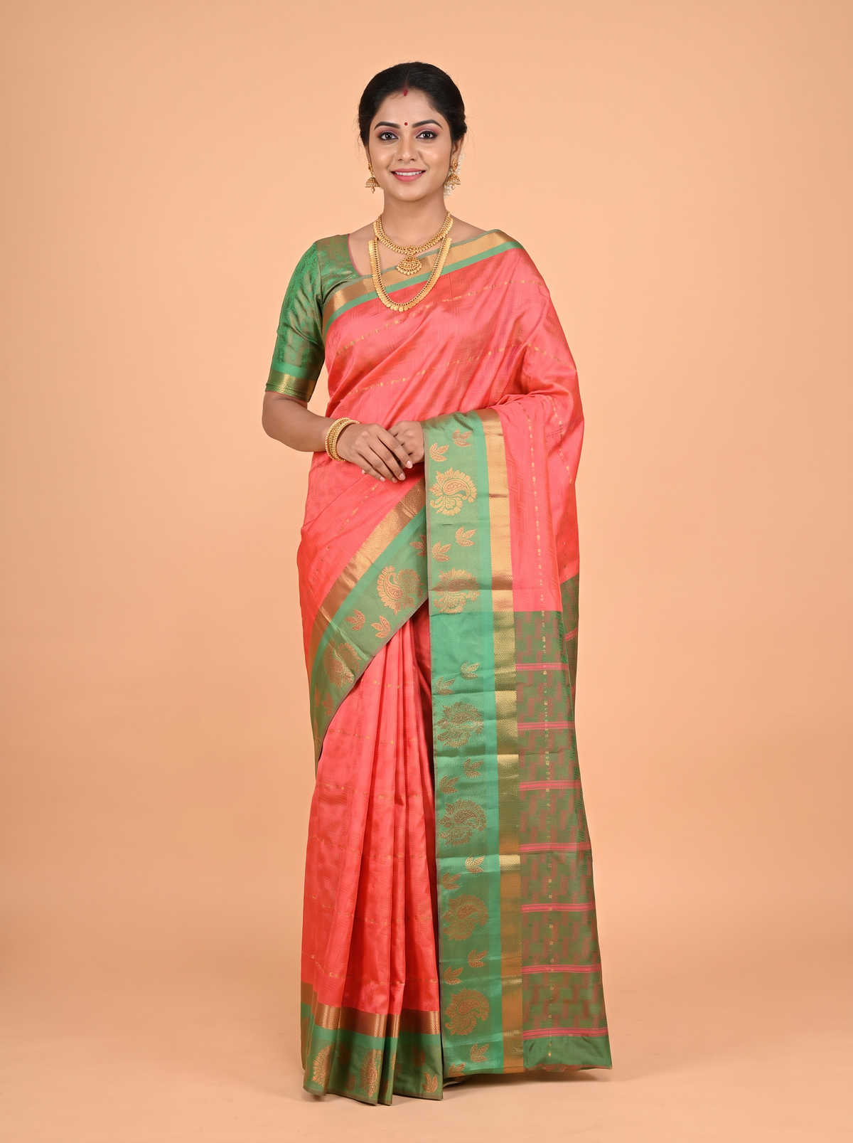 Coral Pink Bangalore Semi Silk Saree with Leaf Motif Zari Border
