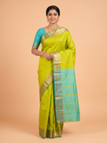 Lime Green Bangalore Semi Silk Saree with Jacquard Floral Zari Border