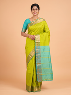 Lime Green Bangalore Semi Silk Saree with Jacquard Floral Zari Border