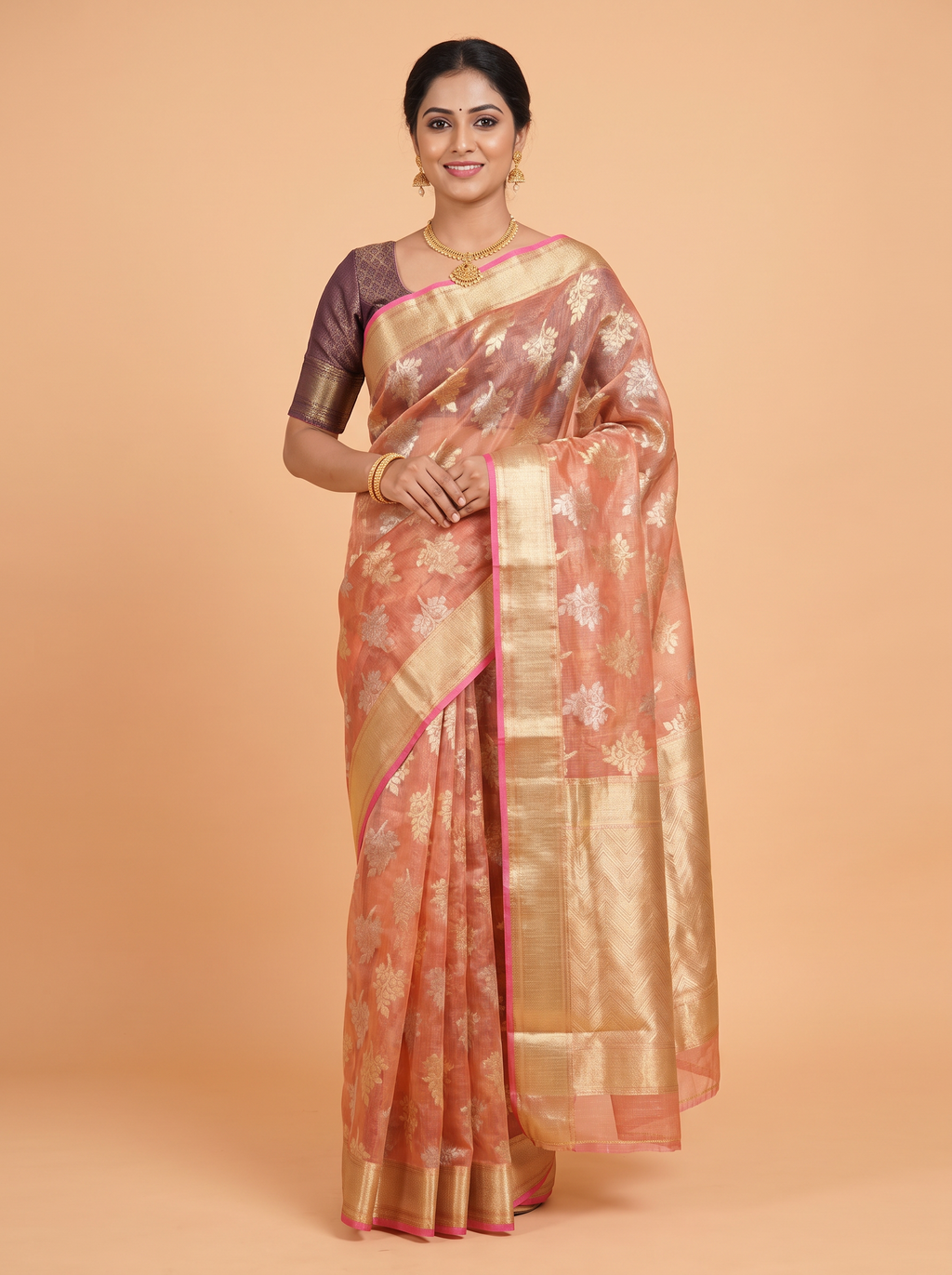 Peach Kota Zari Saree with Chevron Zari Border