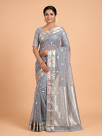 Grey Kota Zari Saree with Floral Meenakari Leaf Border