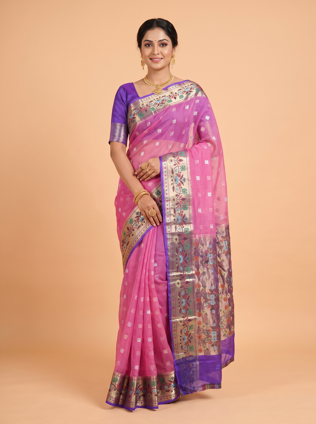 Lavender Kota Zari Saree with Minimal Zari Stripe Border