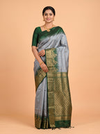grey Pure Silk Saree with Floral Vine Temple Zari Border