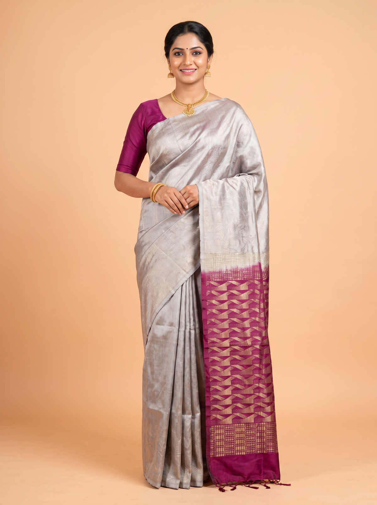 grey Pure Kanchipuram Soft Silk Saree with Border Design