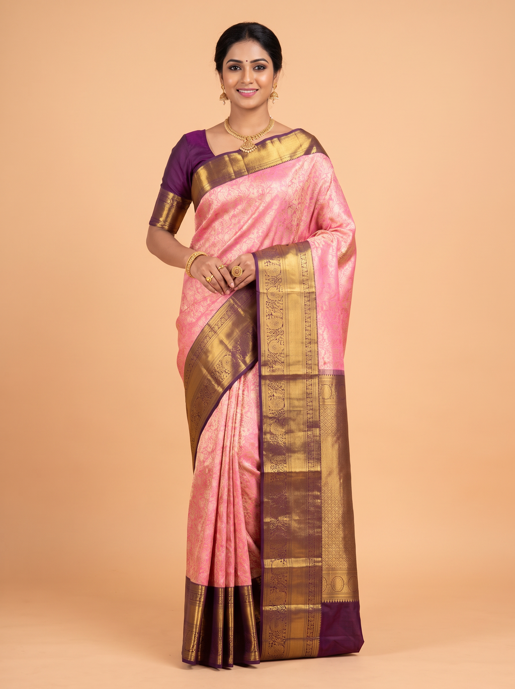 Light Pink Kanchipuram Tissue silk Saree with Floral Paisley Zari Border