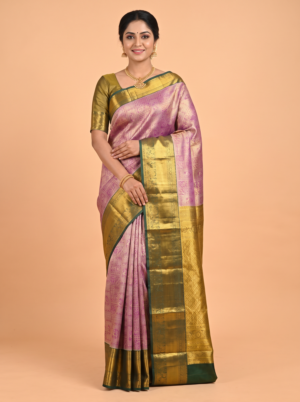 Purple Kanchipuram Tissue silk Saree with Diamond Lattice Zari Border