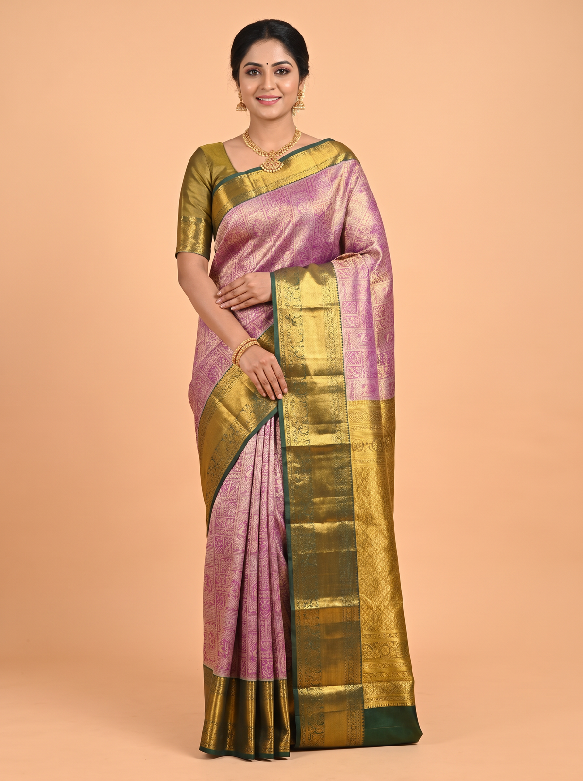 Purple Kanchipuram Tissue silk Saree with Diamond Lattice Zari Border
