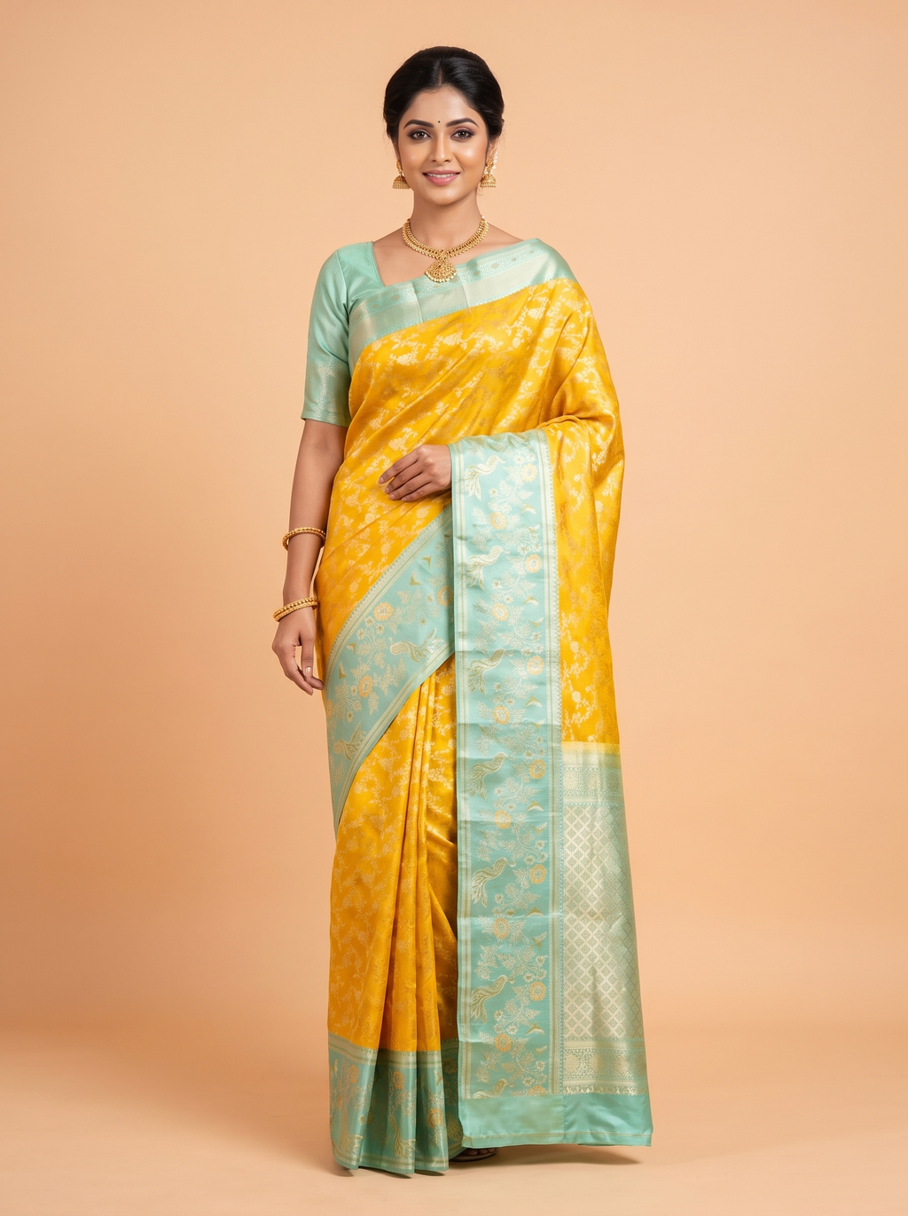 Mustard Yellow Kanchipuram Silk Saree with Peacock and Floral Zari Border
