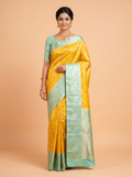 Mustard Yellow Kanchipuram Silk Saree with Peacock and Floral Zari Border