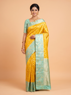 Mustard Yellow Kanchipuram Silk Saree with Peacock and Floral Zari Border