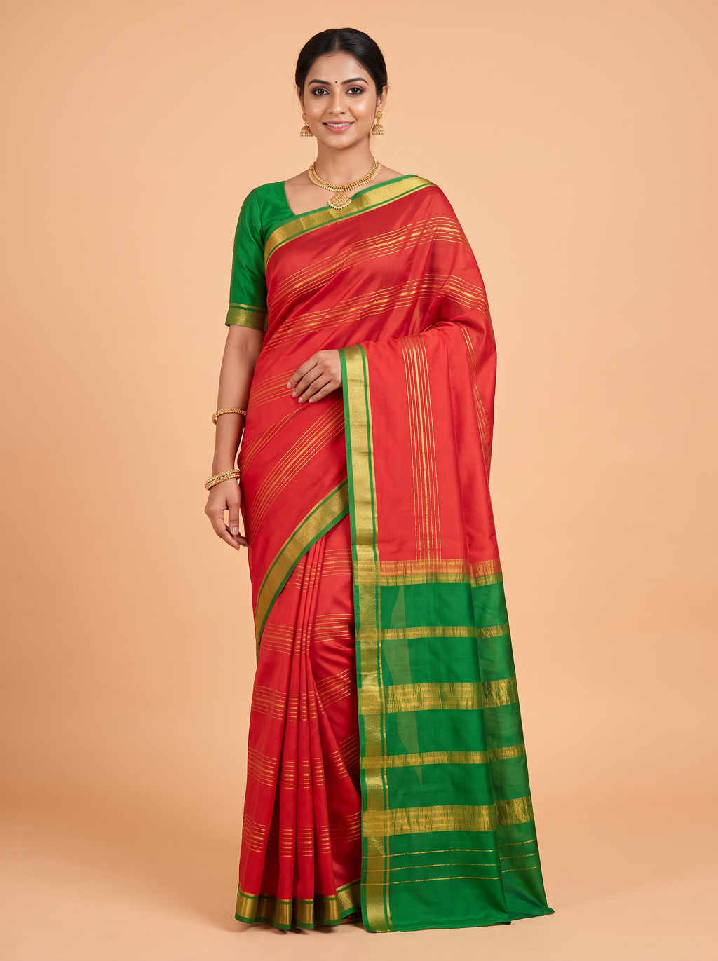 Red Mysore Silk Saree with Diamond Lattice Zari Border