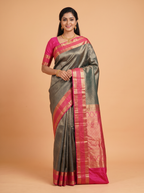 Dark green Semi Bridal Kanchipuram Silk Saree with Floral Geometric Zari Border