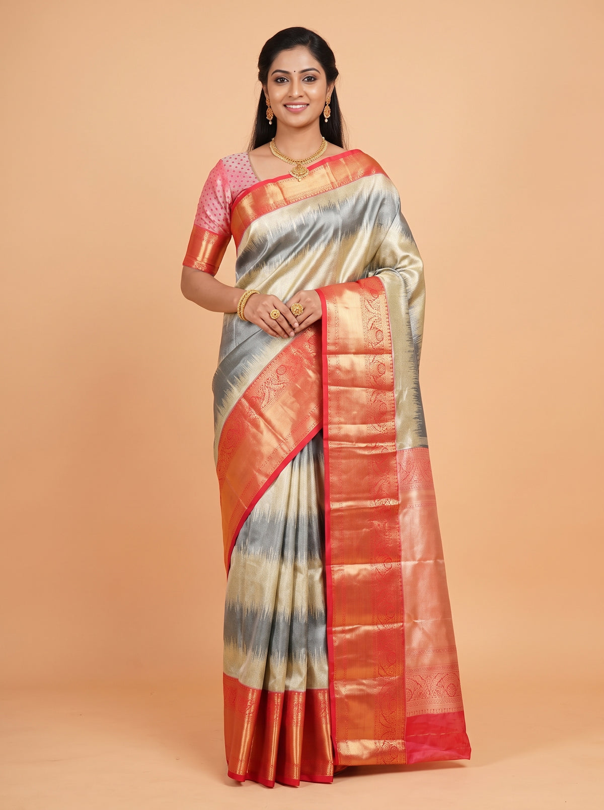 Grey Semi Kanchipuram Tissue Silk Saree with Floral Zari Motifs with Diamond Border