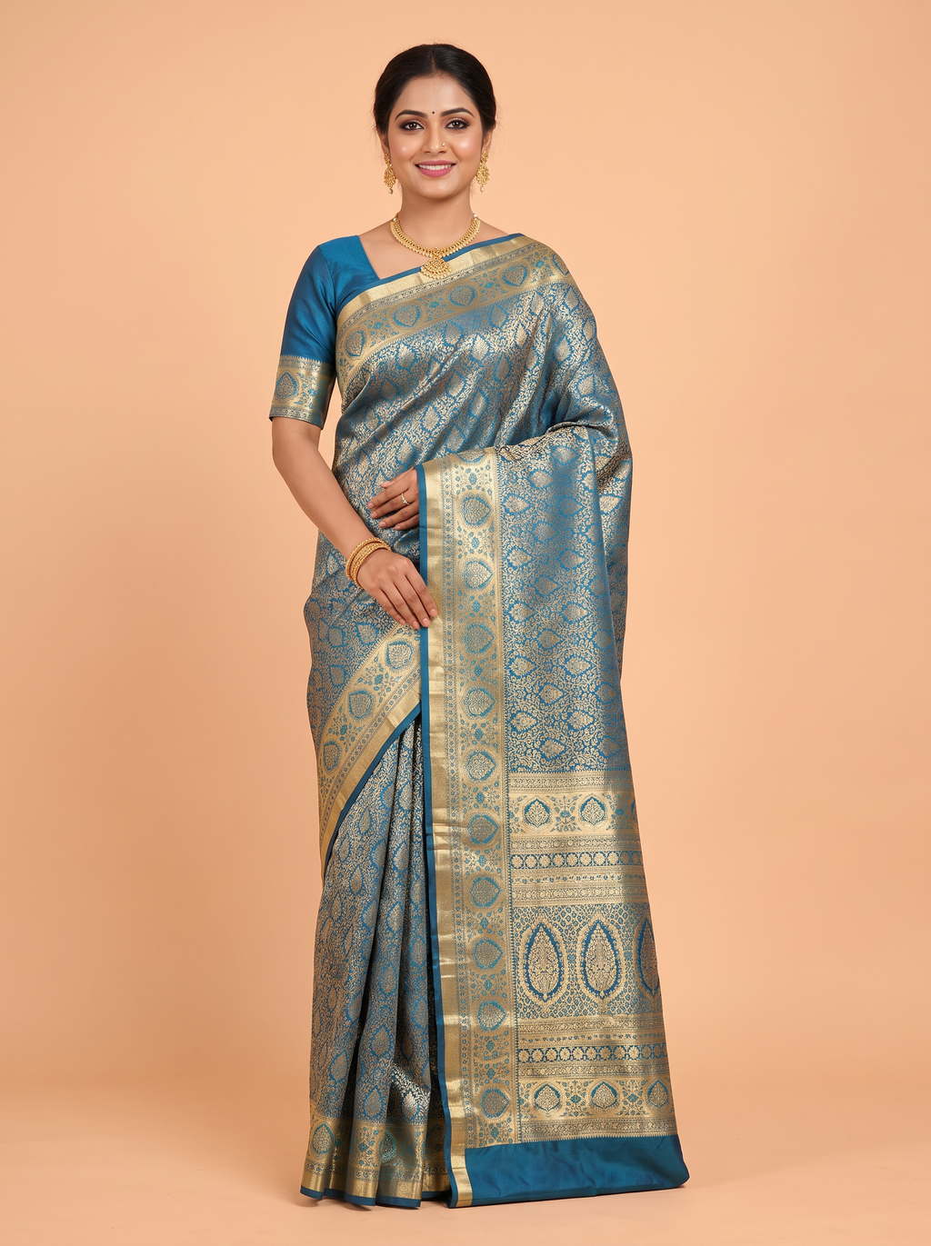 Dark Blue Semi Bridal Kanchipuram Silk Saree with Floral Vine Temple Zari Border