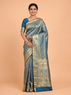 Dark Blue Semi Bridal Kanchipuram Silk Saree with Floral Vine Temple Zari Border