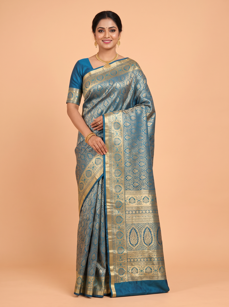 Dark Blue Semi Bridal Kanchipuram Silk Saree with Floral Vine Temple Zari Border