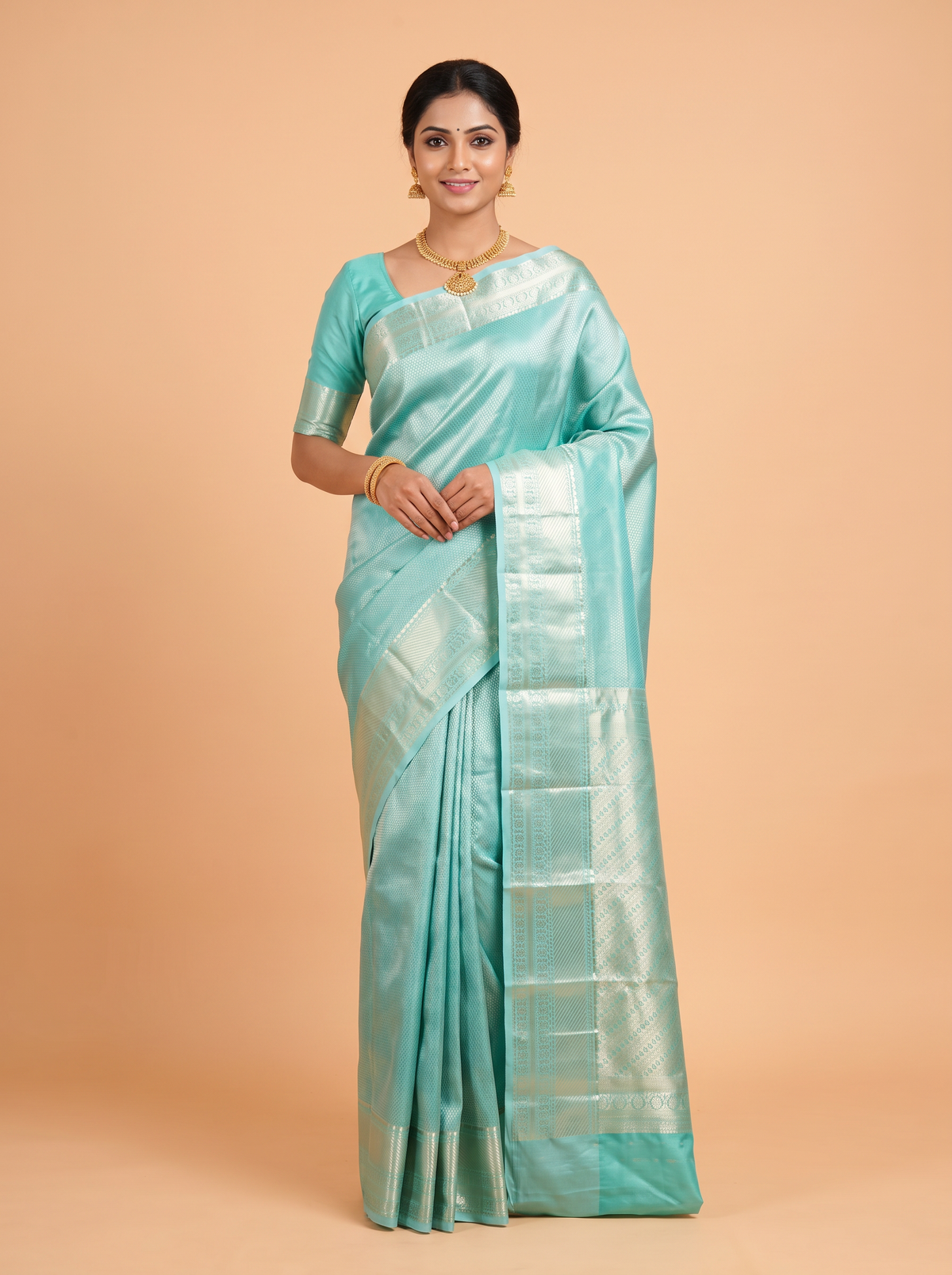 Light Green Semi Kanchipuram Tissue Silk Saree with Floral Paisley Zari Border