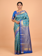 Blue Arni Kanchipuram Silk Saree with Geometric Buttas with Paisley Floral Border