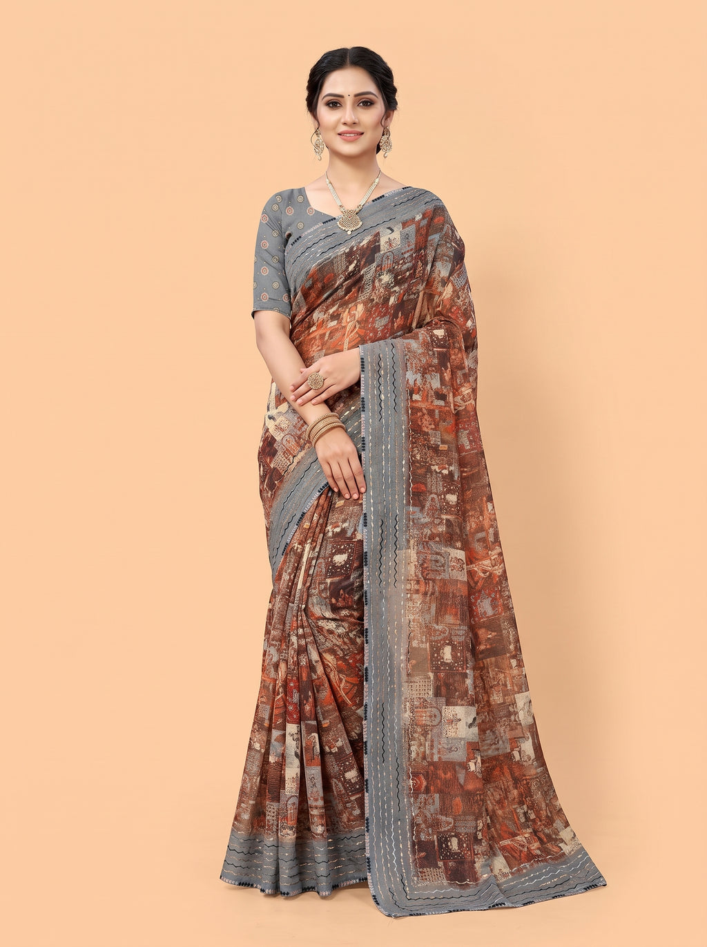 Brown Semi Organza Saree with Wavy Sequin