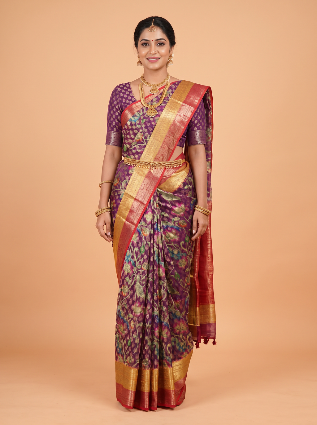 Purple Semi Organza Saree with dual band contrast zari with metallic