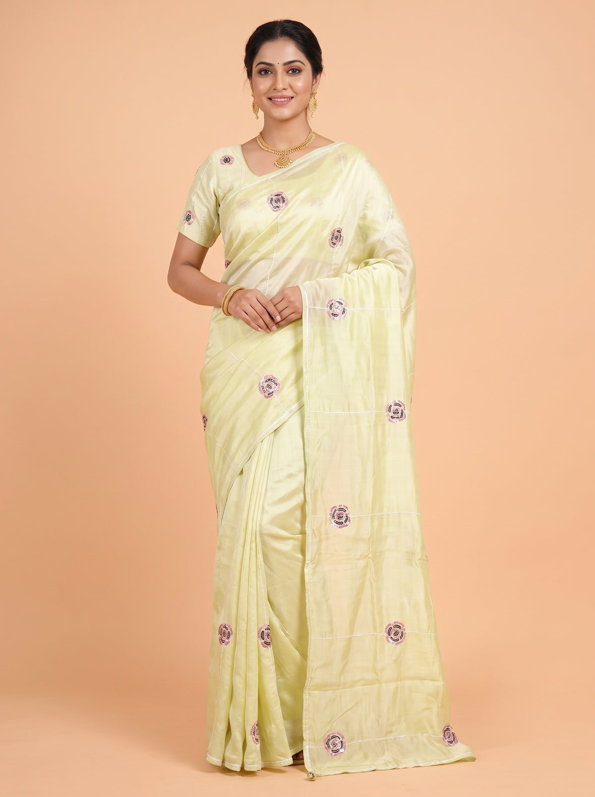 Lime Pure Silk Fancy Saree with Beaded Pearl & Sequin Trim