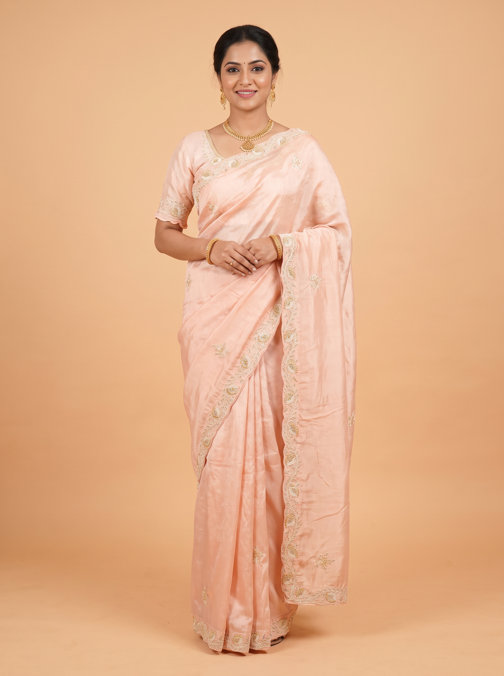 Peach Pure Silk Fancy Saree with Pearl Cut work scalloped