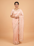 Peach Pure Silk Fancy Saree with Pearl Cut work scalloped