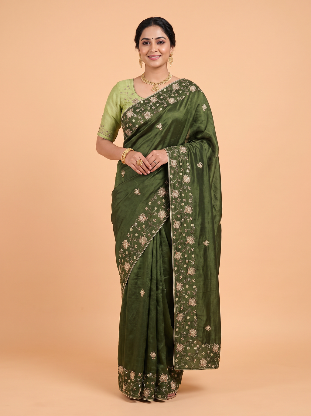 Green Pure Silk Fancy Saree with Zardozi Floral Vine
