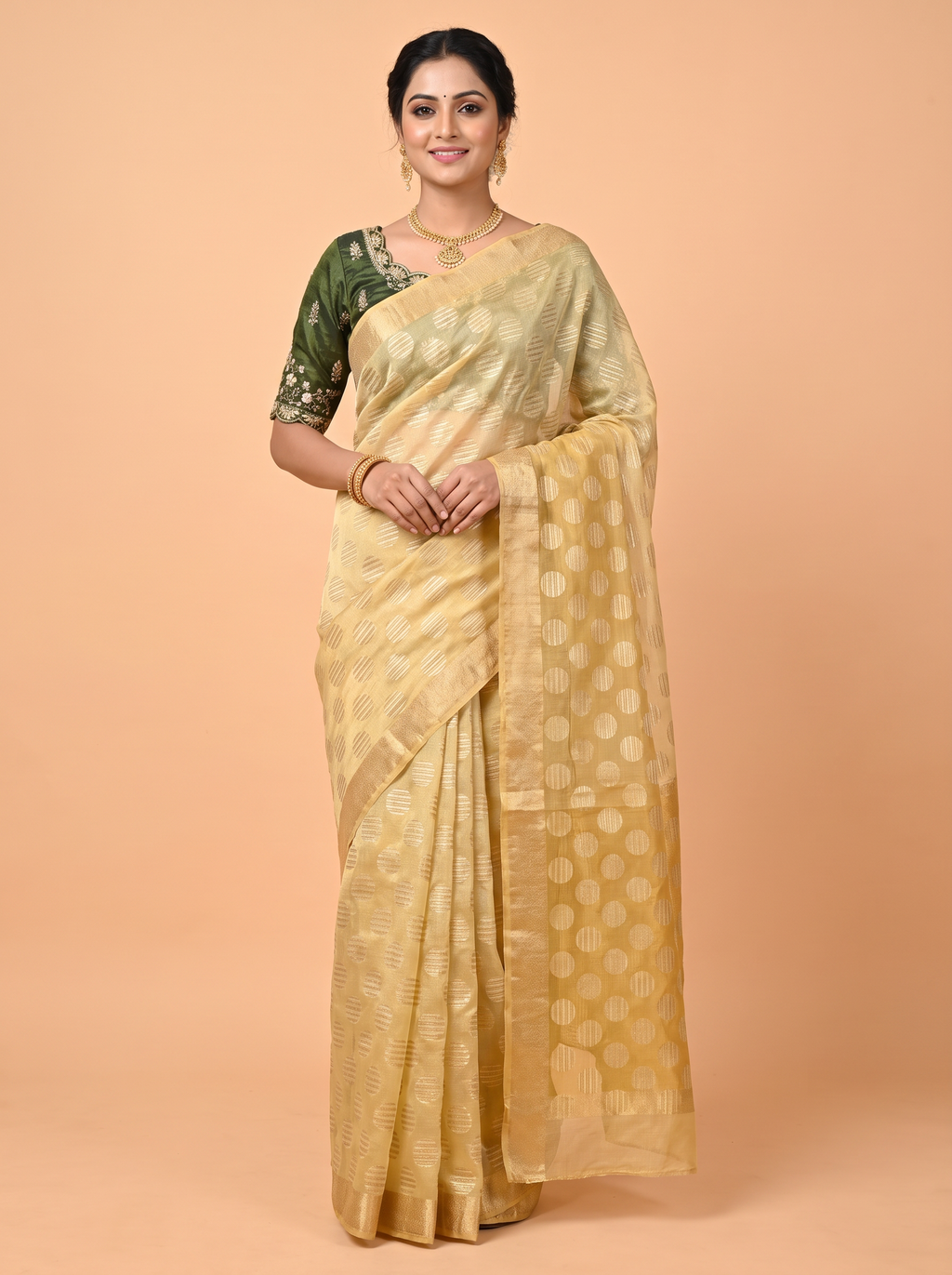 Olive Gold Tissue Organza Saree with Zari with beaded loop trim edge