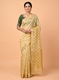 Olive Gold Tissue Organza Saree with Zari with beaded loop trim edge