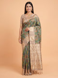 Green Semi Tussar Saree with Muted Taupe Floral Zari