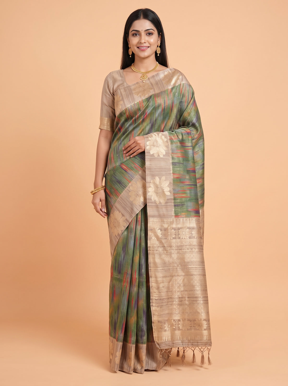 Green Semi Tussar Saree with Muted Taupe Floral Zari