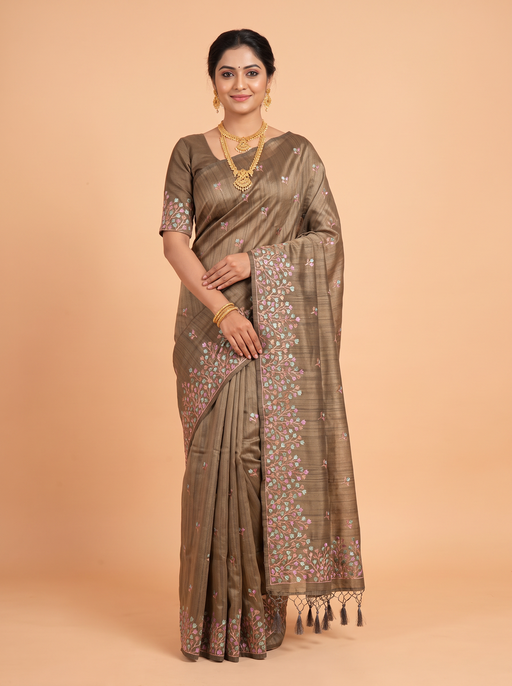 Dark Brown Semi Tussar Saree with Floral bud with dense embroidery
