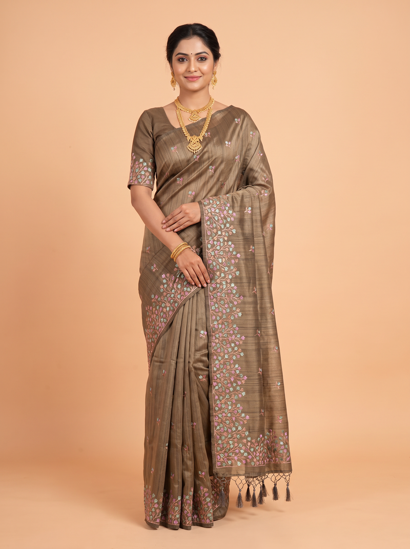 Dark Brown Semi Tussar Saree with Floral bud with dense embroidery