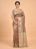 Multi color Semi Tussar Saree with Wide solid woven panel zari with flower
