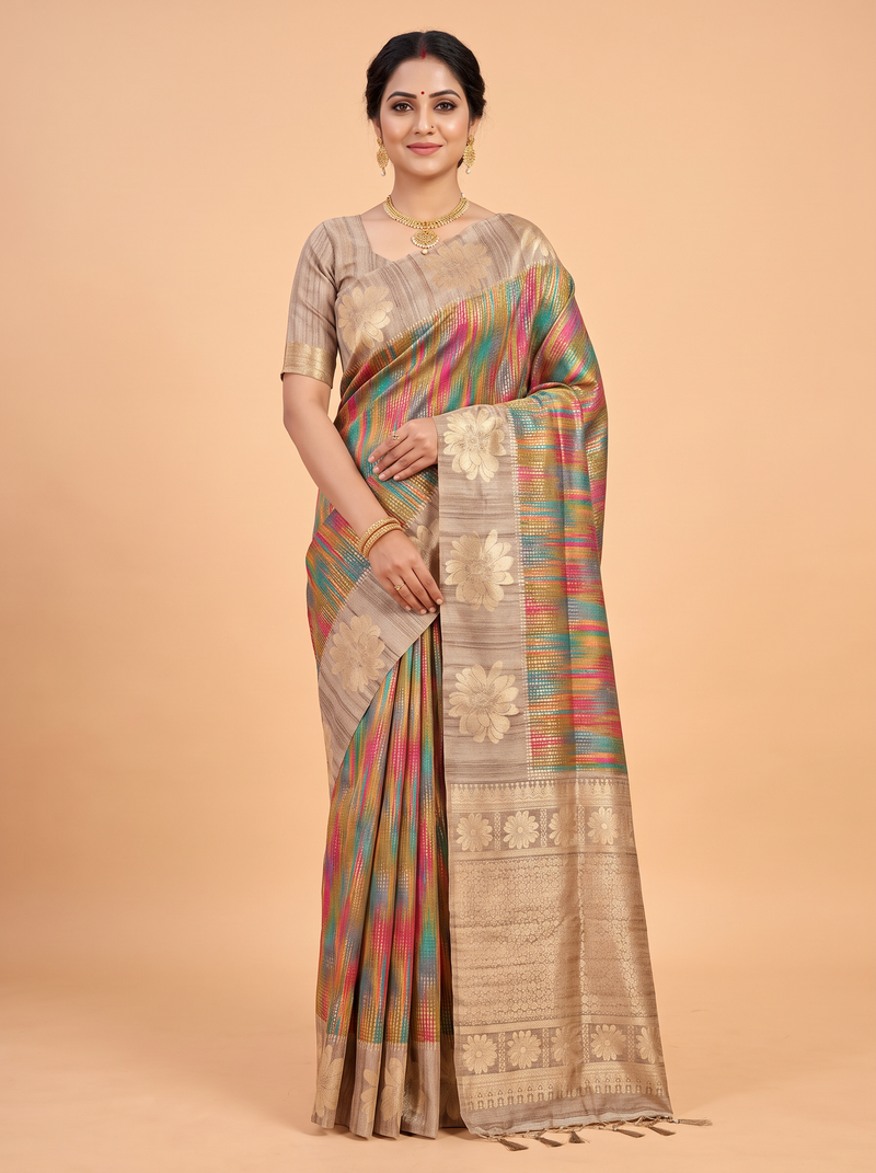 Multi color Semi Tussar Saree with Wide solid woven panel zari with flower