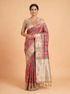Multi color Semi Tussar Saree with Muted Taupe Floral Zari