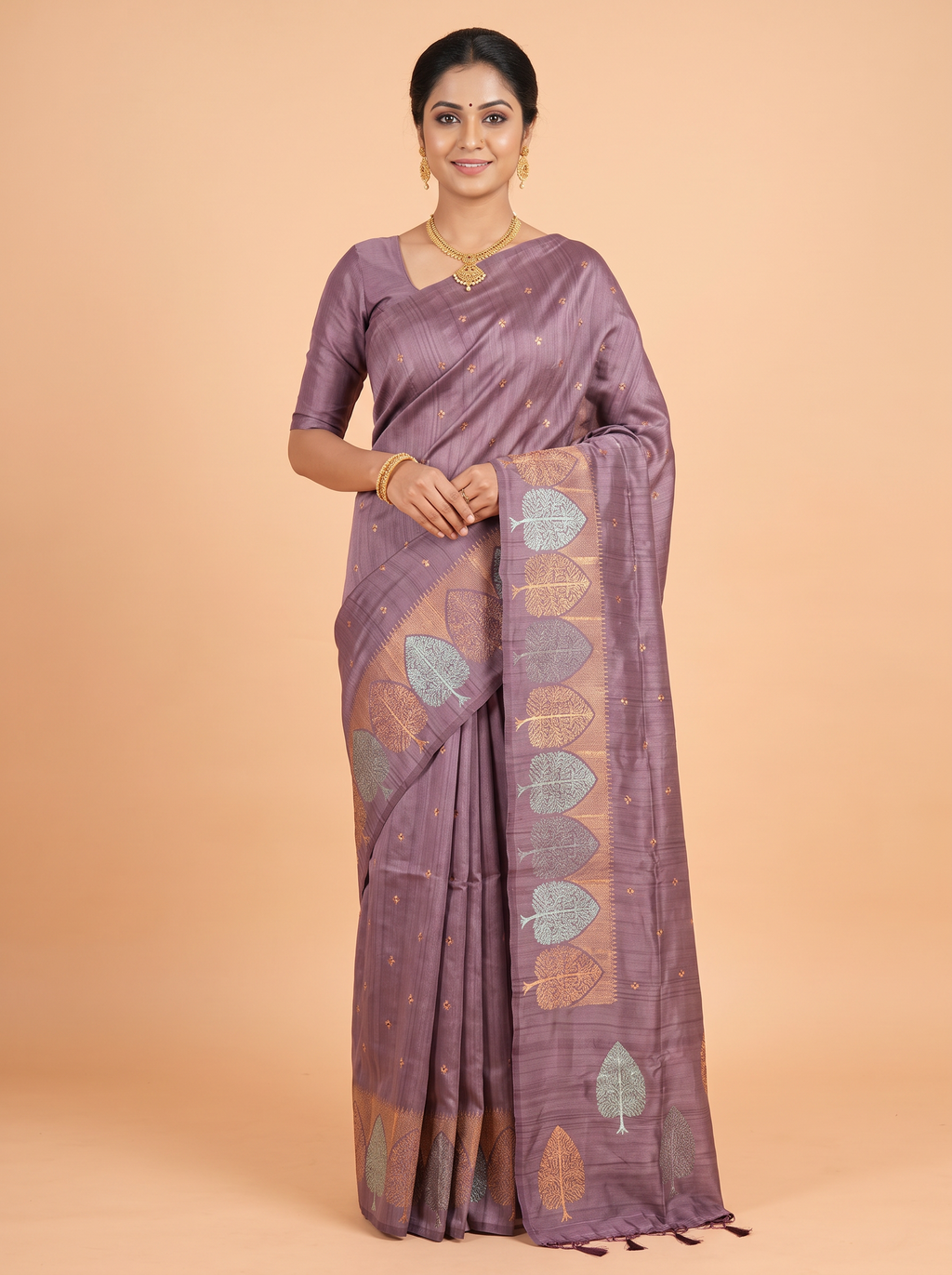 Plum Semi Tussar Saree with Embroidered Tree Motif & Temple
