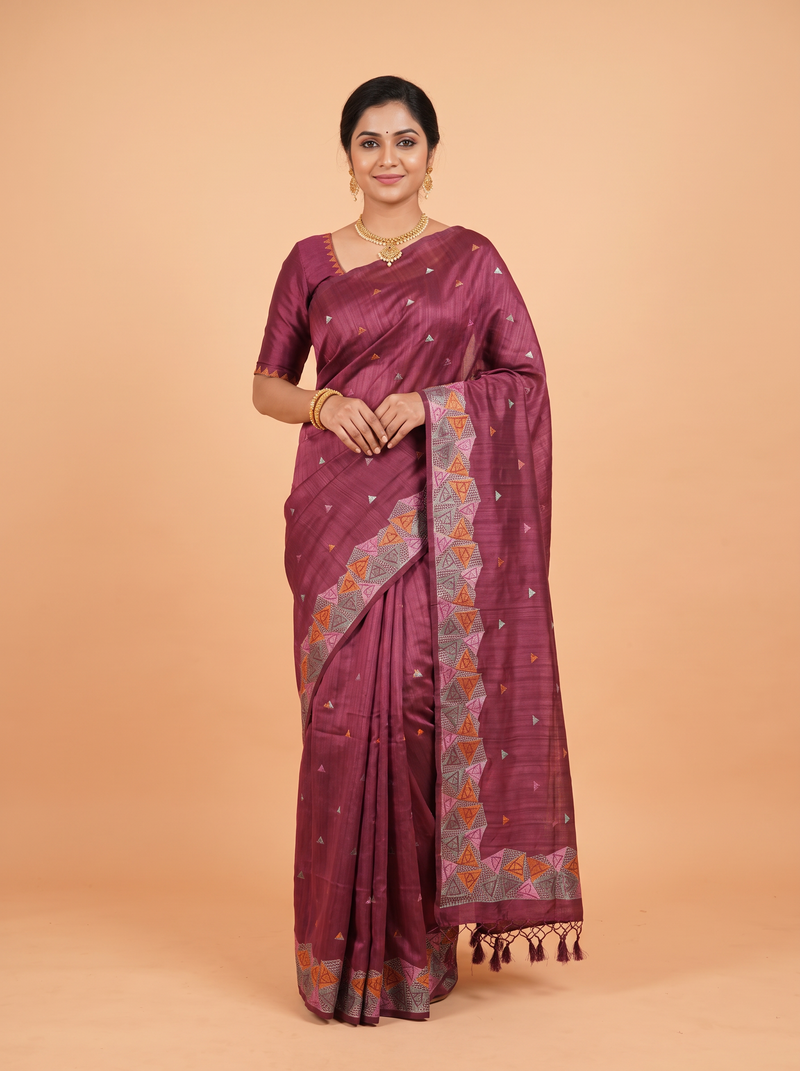 Wine Semi Tussar Saree with Multi tonal mosaic triangle