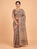 Mocha Brown Semi Tussar Saree with Traditional Kalamkari floral with stripe