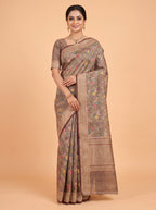 Mocha Brown Semi Tussar Saree with Traditional Kalamkari floral with stripe
