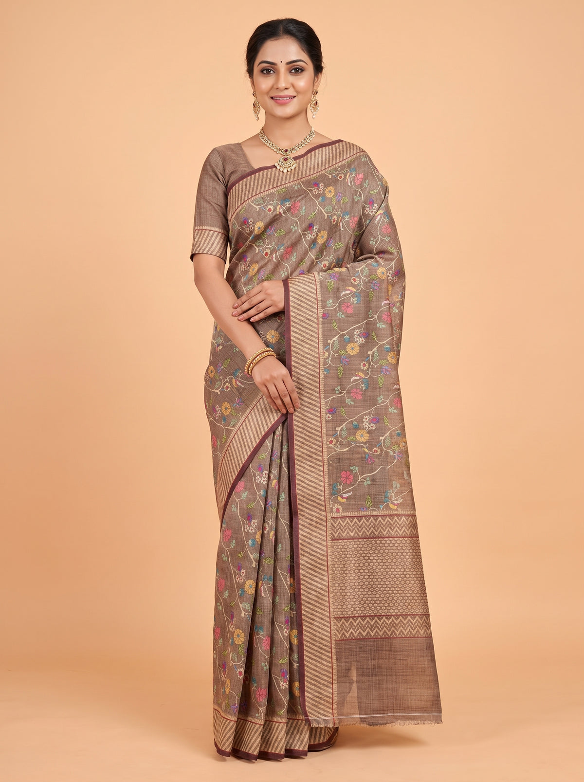 Mocha Brown Semi Tussar Saree with Traditional Kalamkari floral with stripe