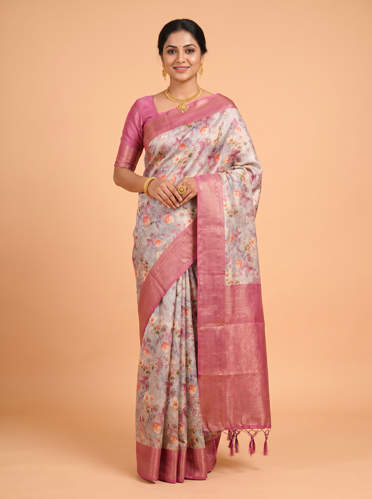 Pink Bangalore Sof Silk Saree with Wavy Geometric Brocade Border