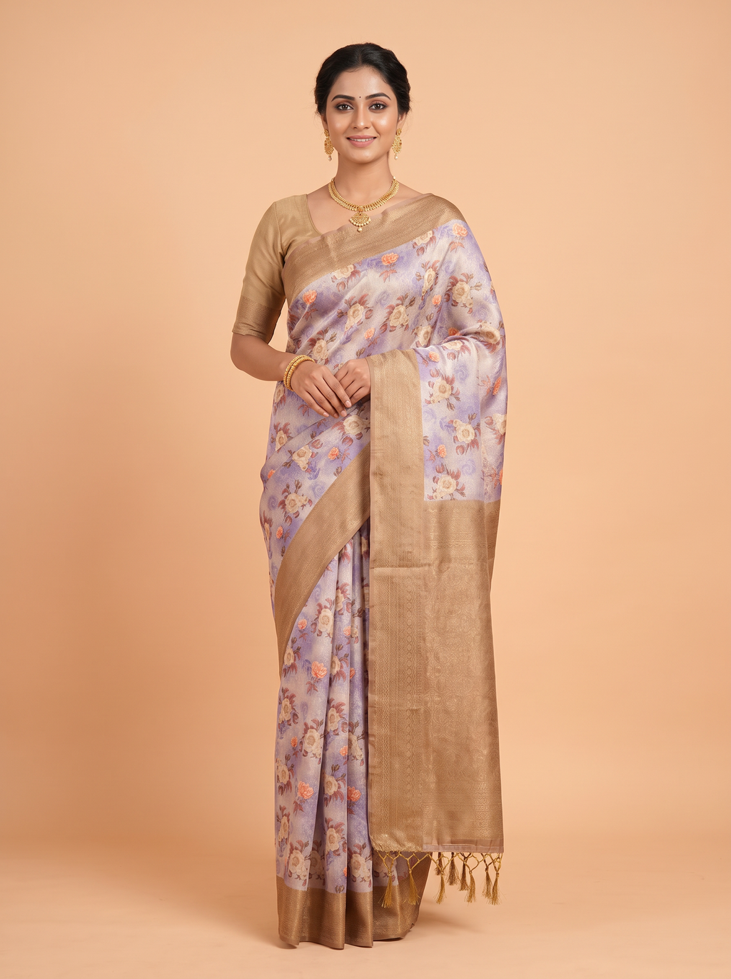 Lavender Bangalore Sof Silk Saree with Multi-Tier Zari Brocade Border