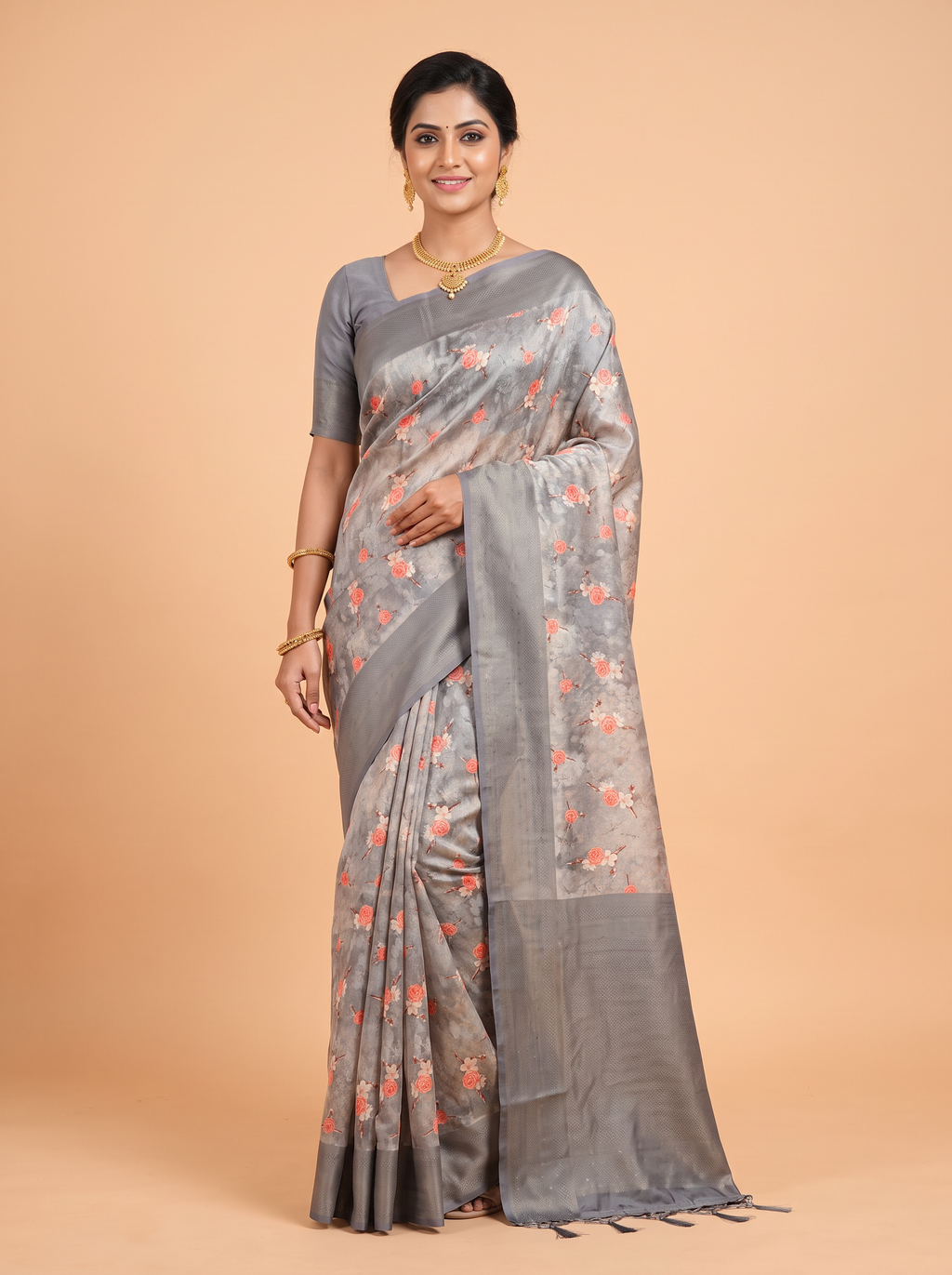 Grey Bangalore Sof Silk Saree with Micro-Diamond Geometric Border